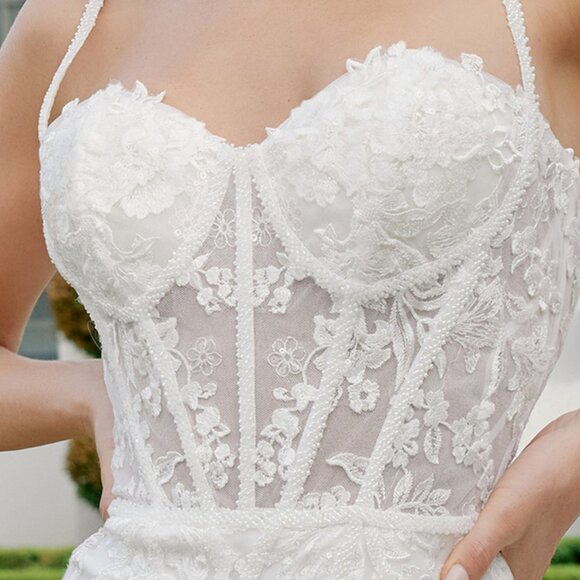 New Floral lace Embellished White Bridal Dress w/ Sweetheart Neck NX JE1014L - Picture 5 of 11